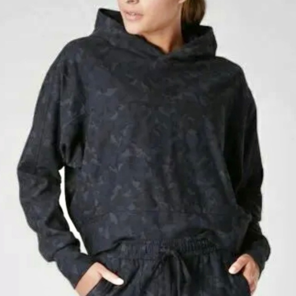 Athleta Farallon Blue Camo Cropped Hoodie Sweatshirt Dolman Sleeve Size XS